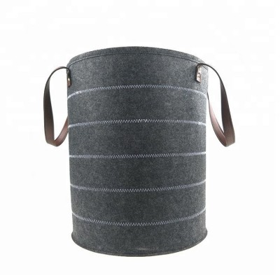 Classic style round bucket bathroom organizer collapsible felt laundry basket with leather handle